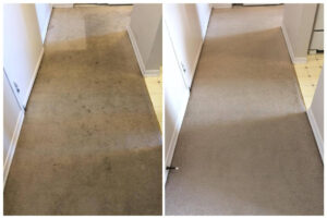 before and after of cleaning a dirty grey carpeted hallway