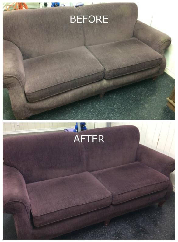 before and after cleaning photo of a red sofa
