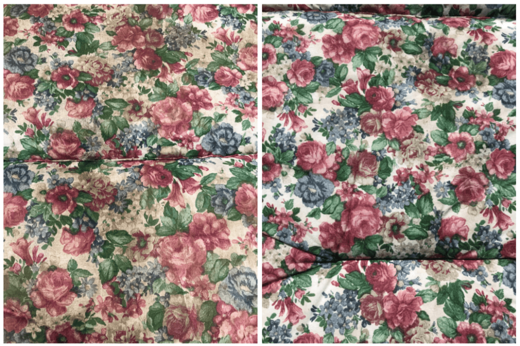 before and after photo of a dirty floral patterned cushion